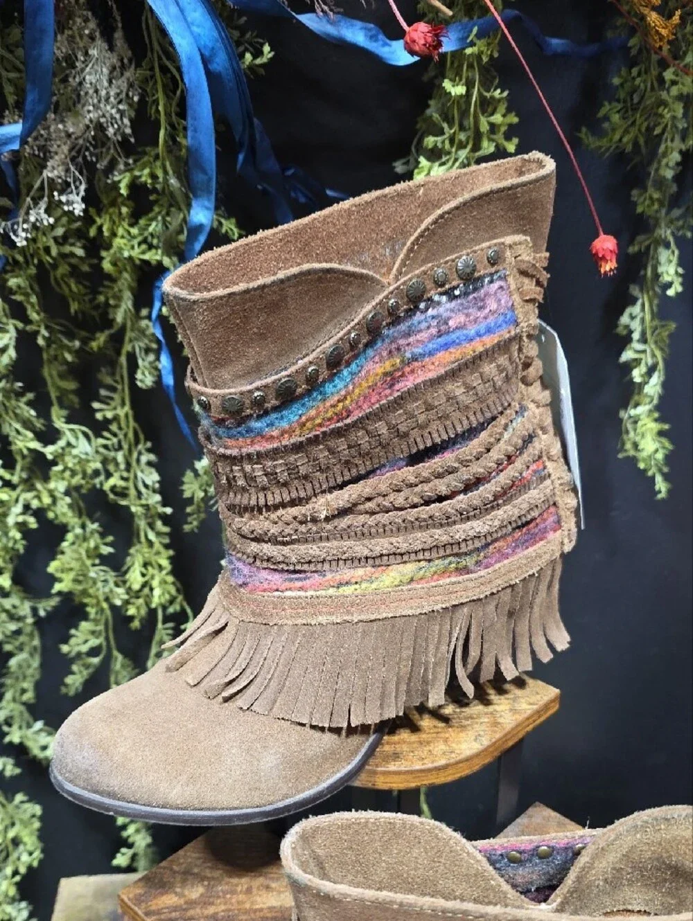 Naughty Monkey Brown Suede Fringe Ankle Boots with Multicolor Yarn Trim